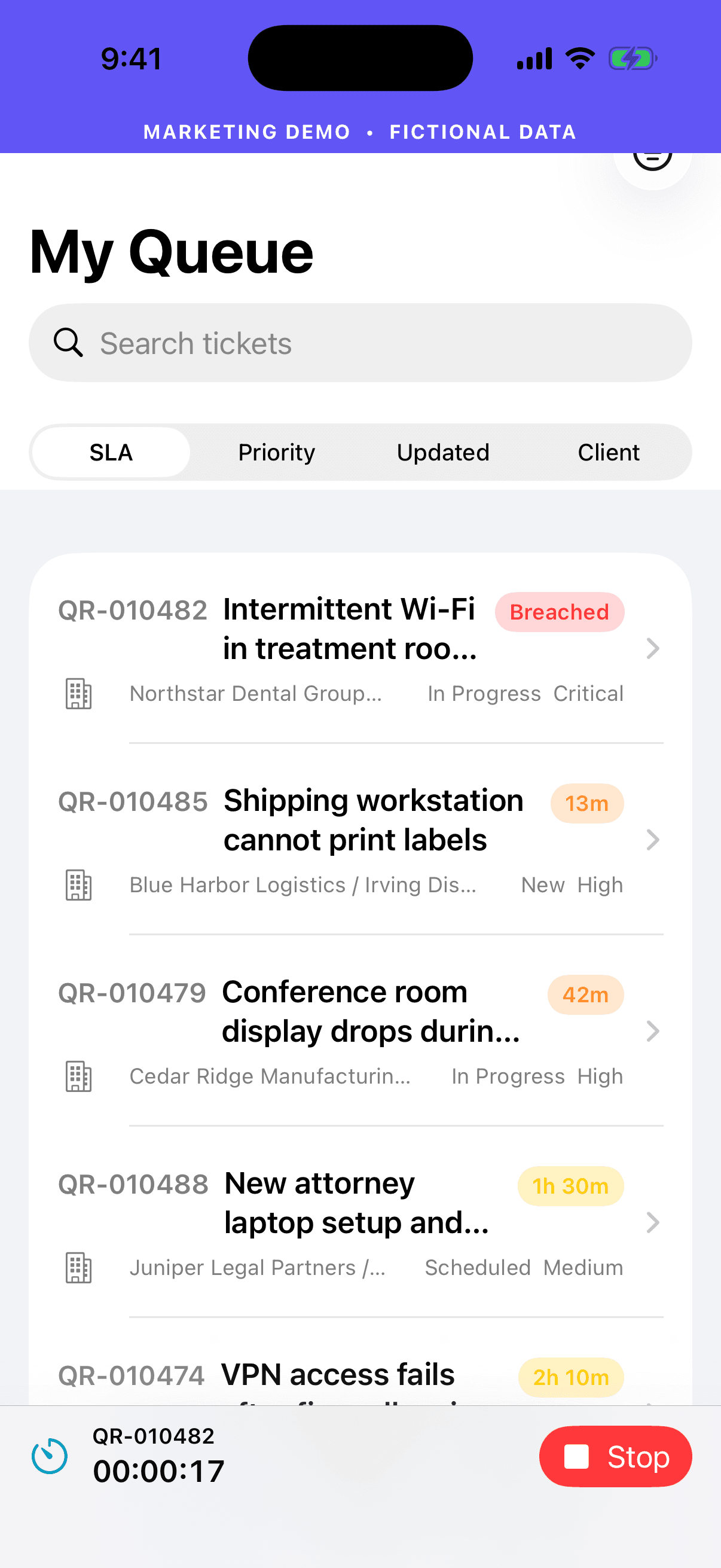 QueueRove active timer shown across a fictional technician queue
